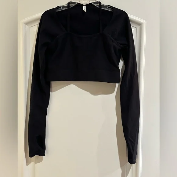 HALARA Black Ribbed Long Sleeve Crop Top Size Medium - Picture 1 of 7